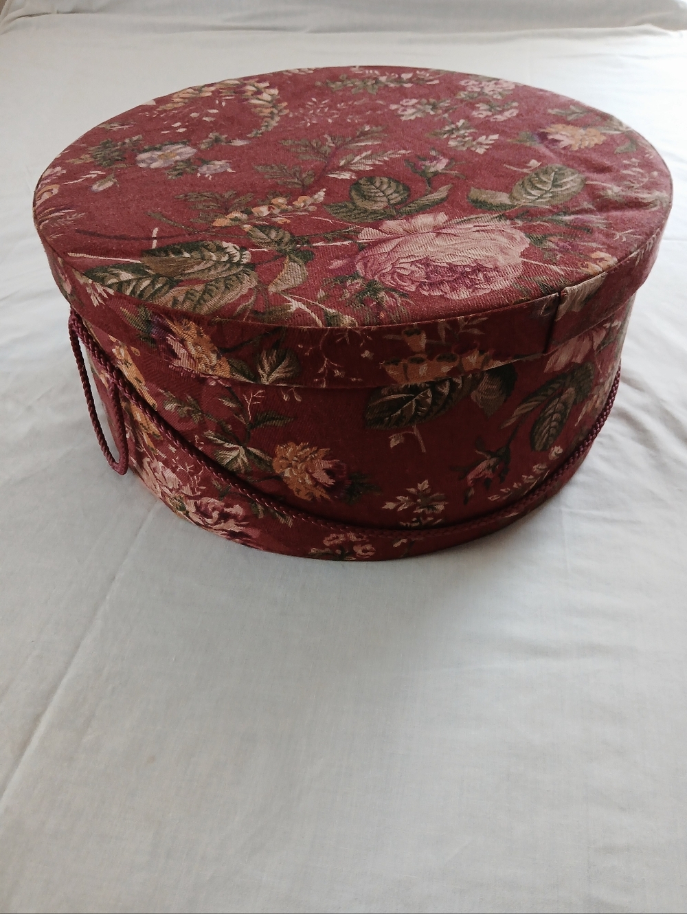 Vintage Fabric Covered Once Upon A Rose Burgundy Floral Hat Box